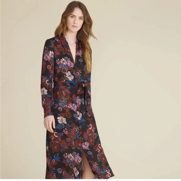 Veronica Beard Silk Leanne Midi Dress  Black Floral Print Long Sleeve Sheer Sz 4 - Picture 1 of 7